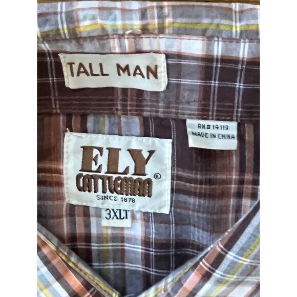 Vintage ELY CATTLEMAN Brown Plaid Pearl Snap Button Up Shirt Top  Mens Size 3XL - Picture 4 of 9